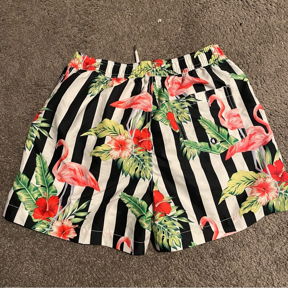 Quick Dry Floral Flamingo Mens l Black White Striped Swim Trunks